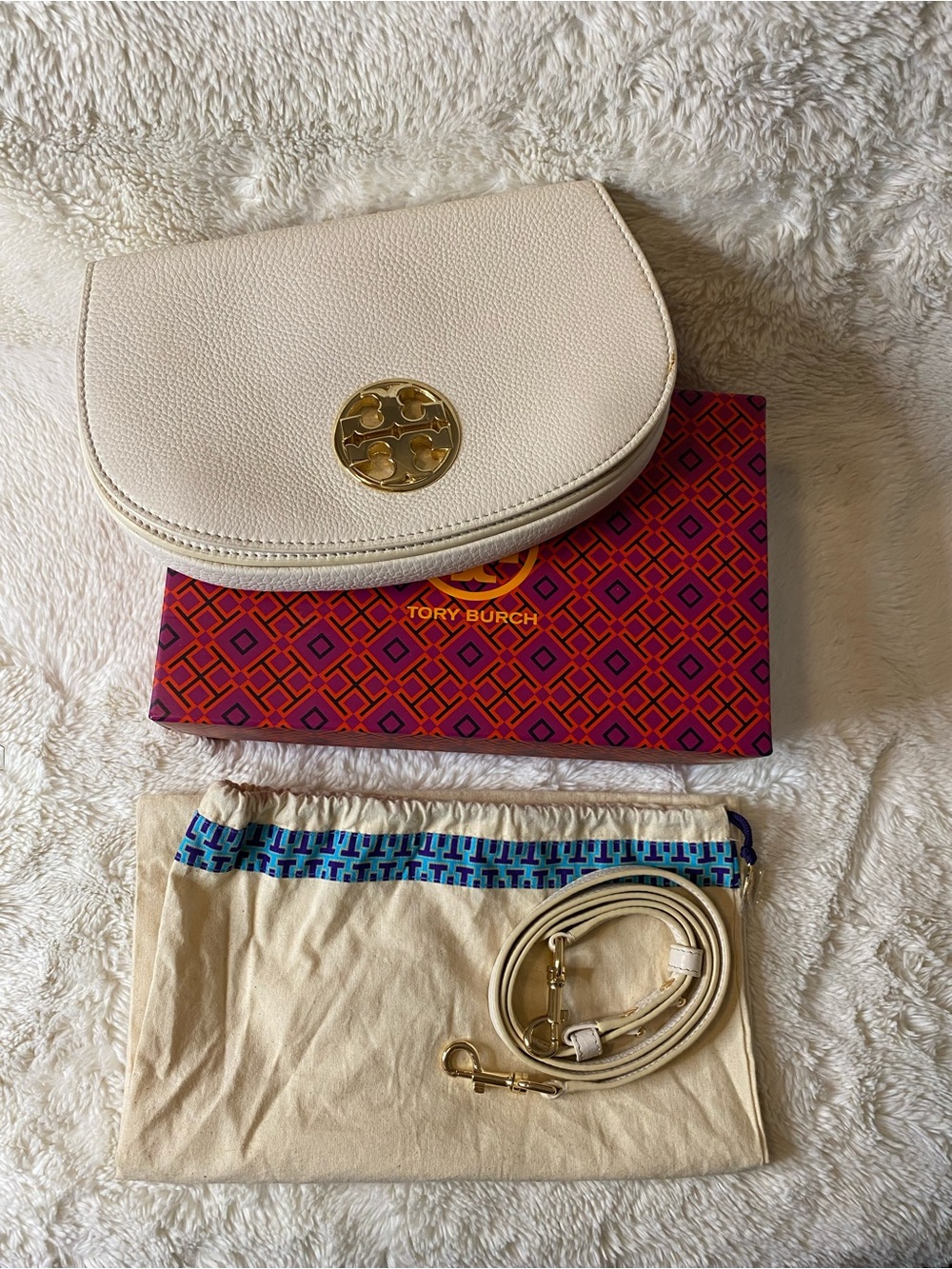 Tory Burch Ivory Pebbled Leather Crossbody with Gold Logo